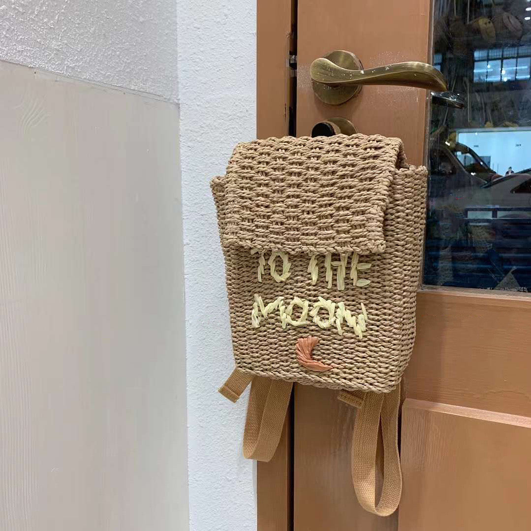 "TO THE MOON" Woven Straw Backpack