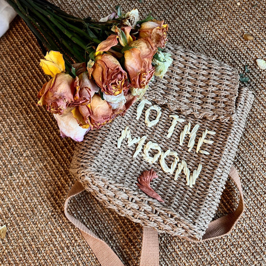 "TO THE MOON" Woven Straw Backpack